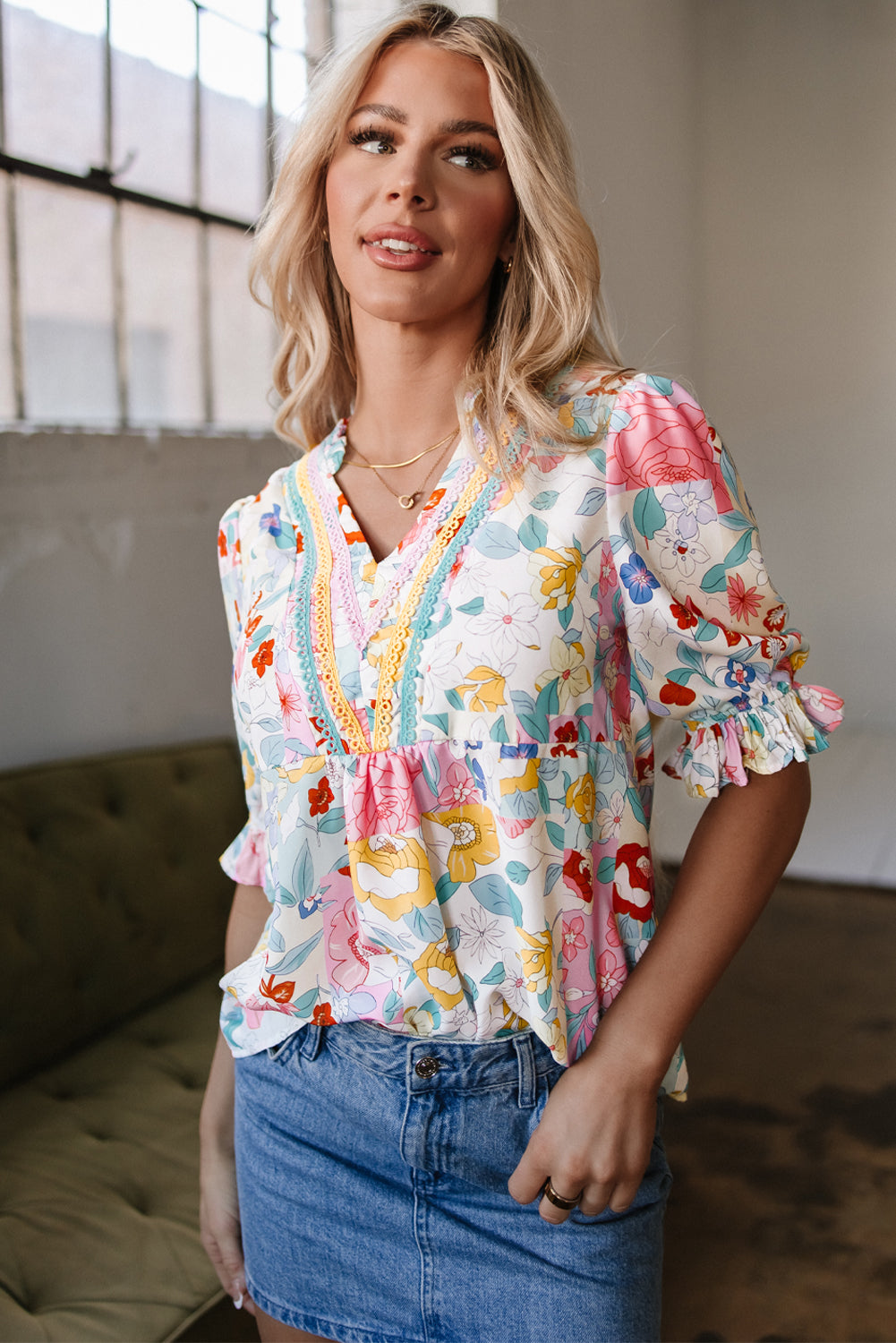 Solana Boho Flower Half Puff Sleeve Blouse - Farnelli