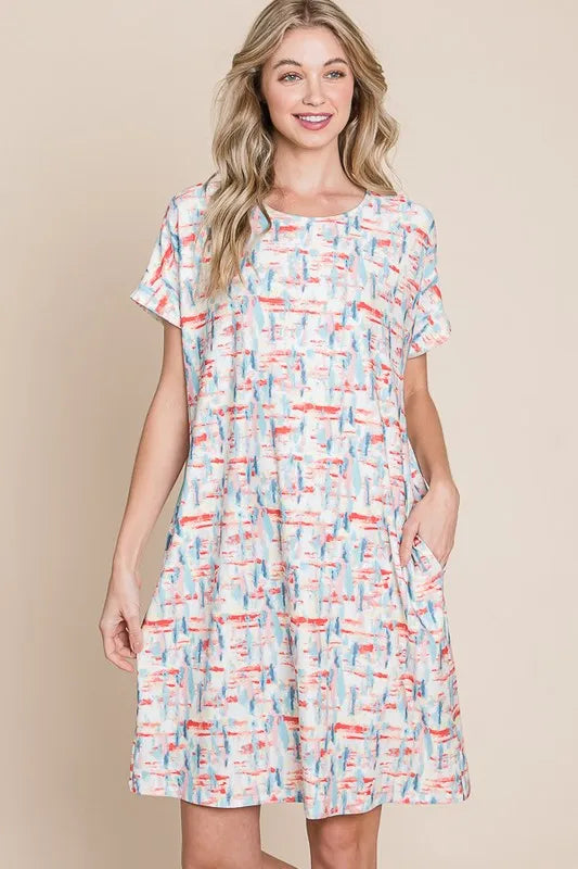 BOMBOM Printed Round Neck Short Sleeve Tee Dress - Farnelli