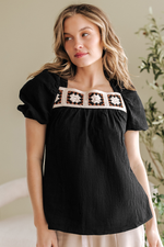 DAVINA CROCHET SQUARE NECK TEXTURED SHORT SLEEVE BLOUSE - Farnelli