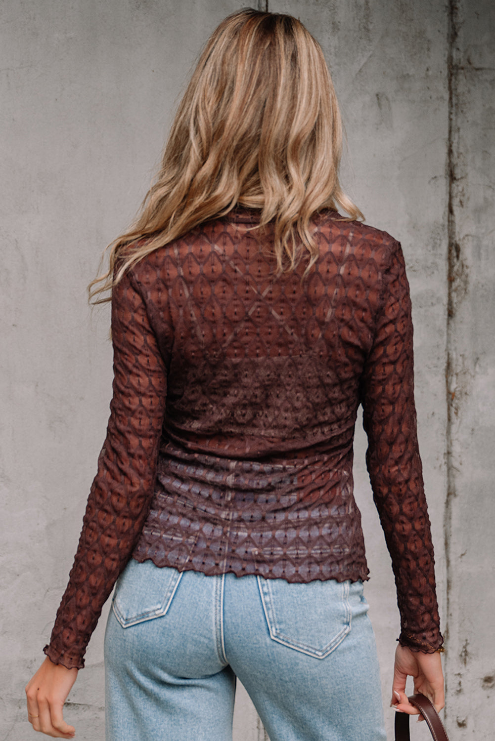 Ruth Sheer Mesh Patterned Lettuce Trim Top - Farnelli