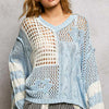 POL Color-Blocked Stripe Pattern Knit Top with Twisted Weave - SKY BLUE