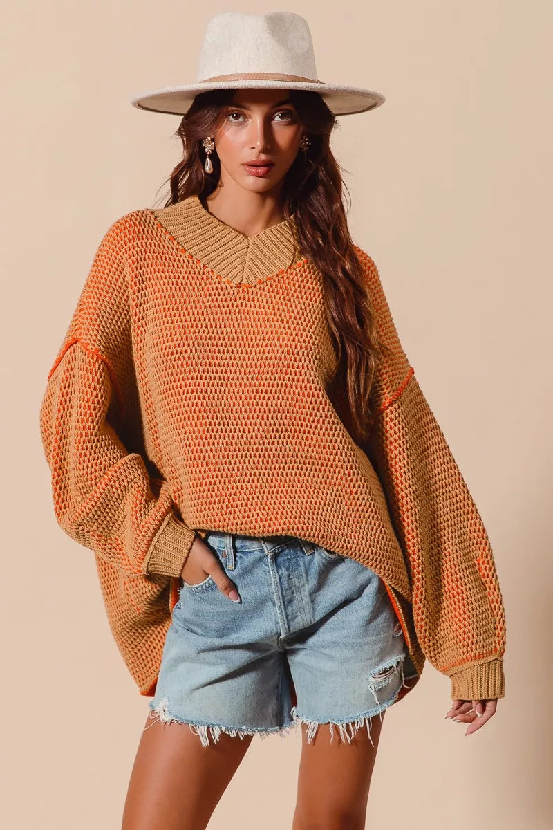 SO ME Oversized Two Tone Textured V Neck Sweater - Farnelli