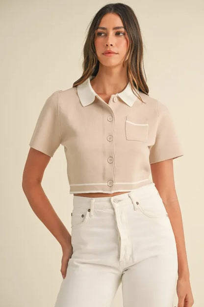 MABLE Button Down Contrast Collared Knit Cardigan - Farnelli