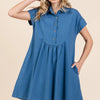 Mittoshop Twill Short Sleeve Collared Mini Dress - DENIM