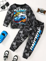 Children's Racing Car Print Long Sleeve Sweatshirt and Pants Set - Farnelli