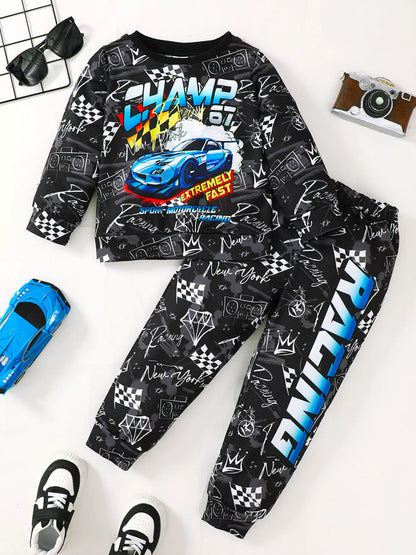 Children's Racing Car Print Long Sleeve Sweatshirt and Pants Set - Farnelli