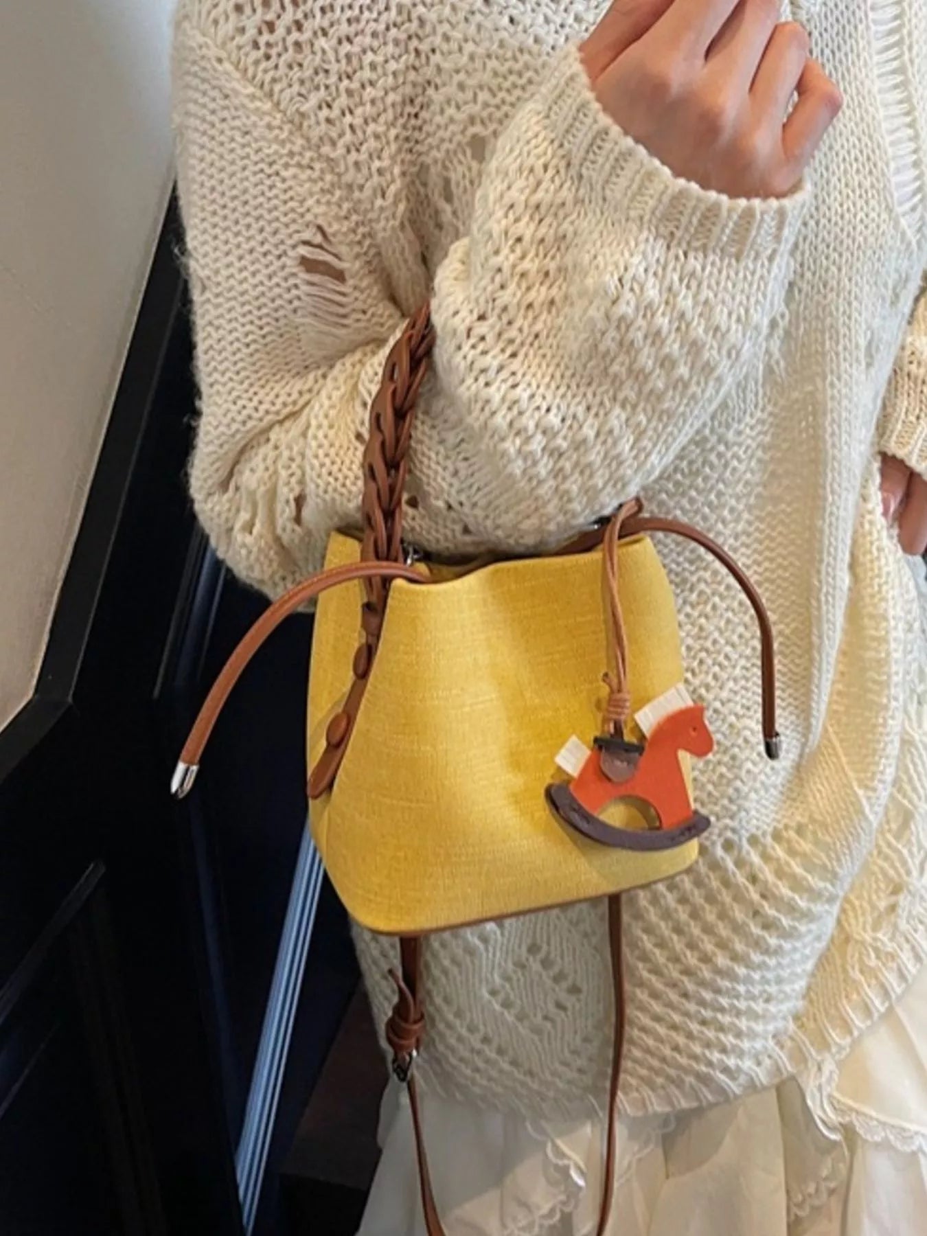 Braided Top Handle Bucket Crossbody Bag - Farnelli