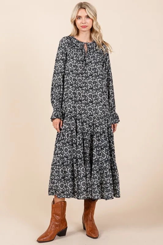 Mittoshop Printed Tie Neck Flounce Sleeve Midi Dress - Farnelli
