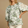 Umgee Floral Pleated Detail Lace Trim Sleeve Blouse - Sage