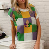 BiBi Sequin Embroidery Mardi Gras Checker Sweater Top - IVORY MULTI
