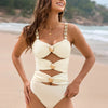 Cutout Ruched Sweetheart Neck One-Piece Swimwear - Cream