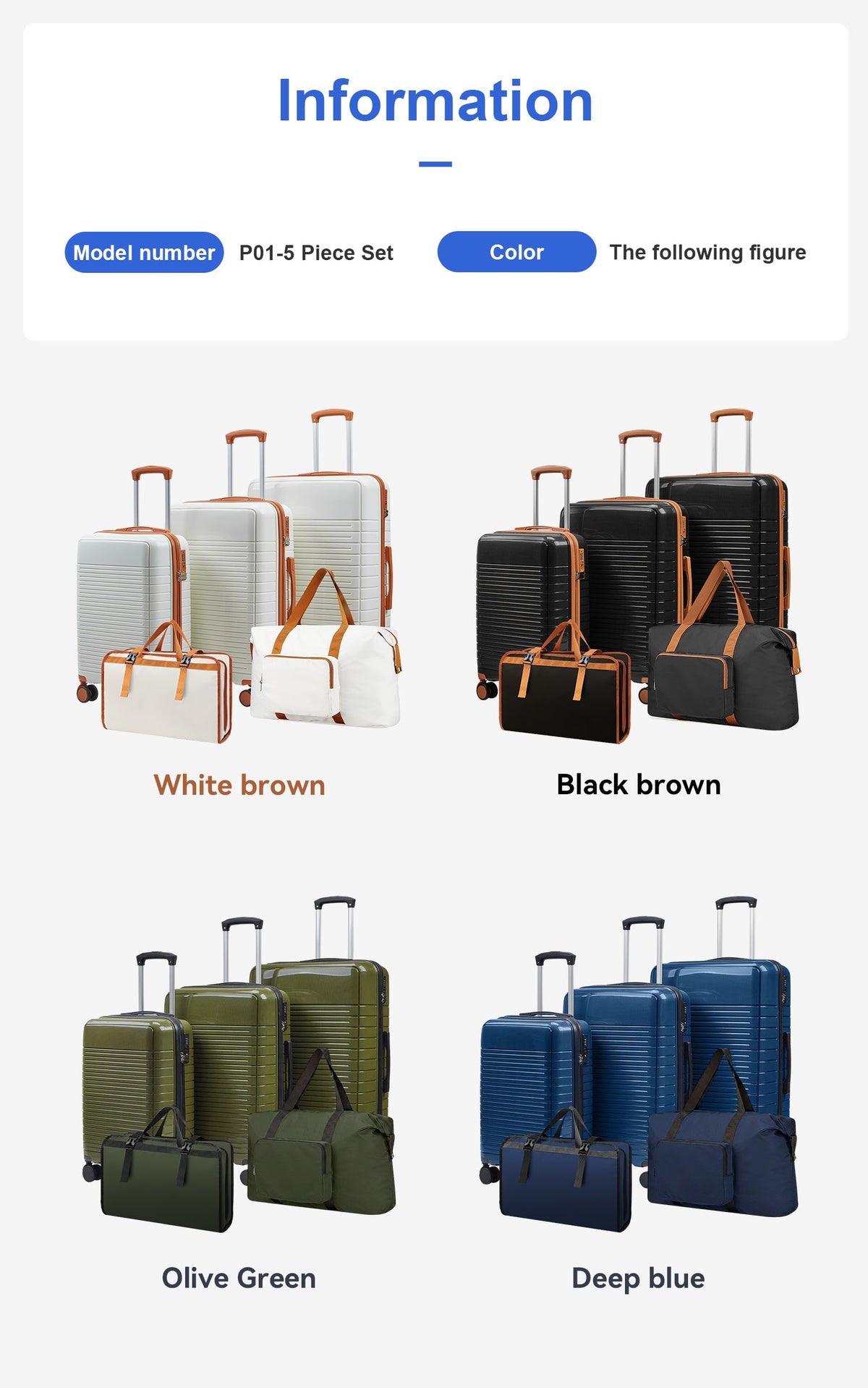 HouseOfZazla 5-piece polypropylene hardside luggage set with spinner wheels in assorted sizes