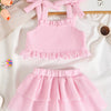 Children's Tie Strap Top & Layered Skirt Set - Pink
