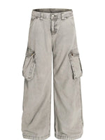 Men's Washed Wide Leg Cargo Jeans with Multiple Pockets - Farnelli