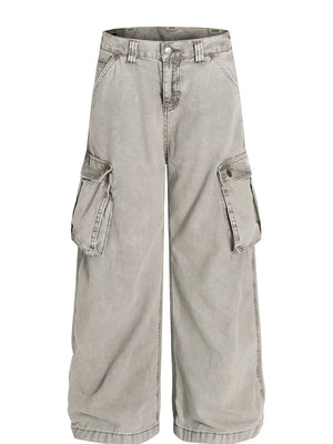 Men's Washed Wide Leg Cargo Jeans with Multiple Pockets - Farnelli