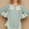 POL Round Neck Long Sleeve Lace Trim Thermal Top - Forest Green