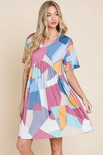BOMBOM Ruched Color Block Short Sleeve Dress - Farnelli