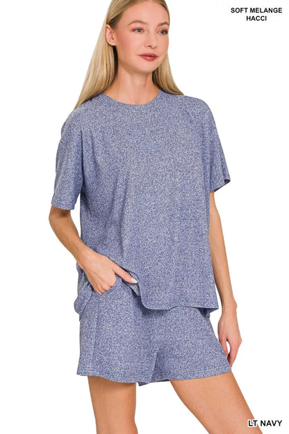 Zenana Soft Melange Short Sleeve Tee and Shorts Set - Farnelli