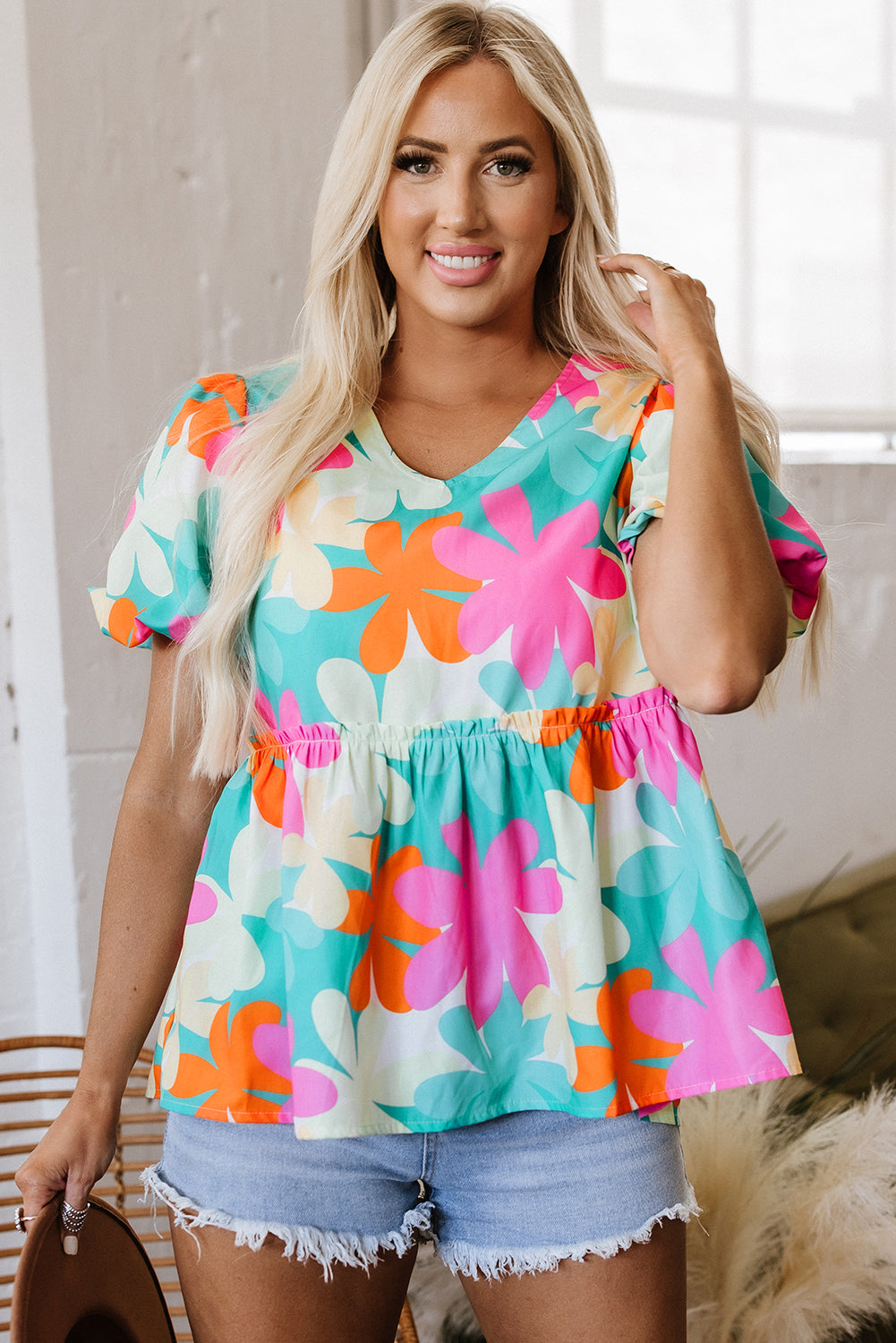 Rayne Floral V Neck Peplum Blouse - Farnelli