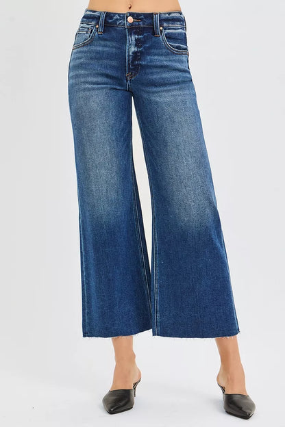 RISEN Full Size Mid Rise Crop Wide Raw Cut Hem Jeans Plus Size - Farnelli