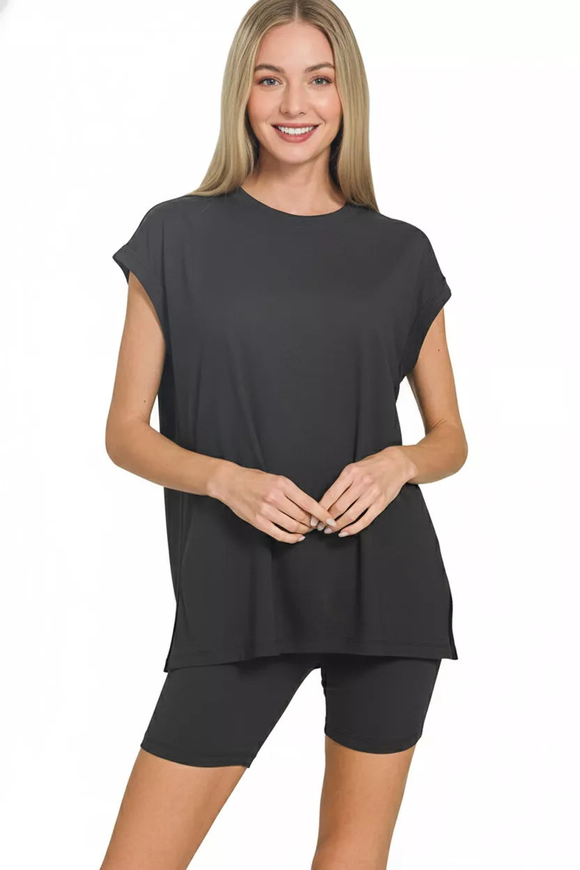 Zenana Brushed Dty Microfiber Top & Biker Shorts - Farnelli