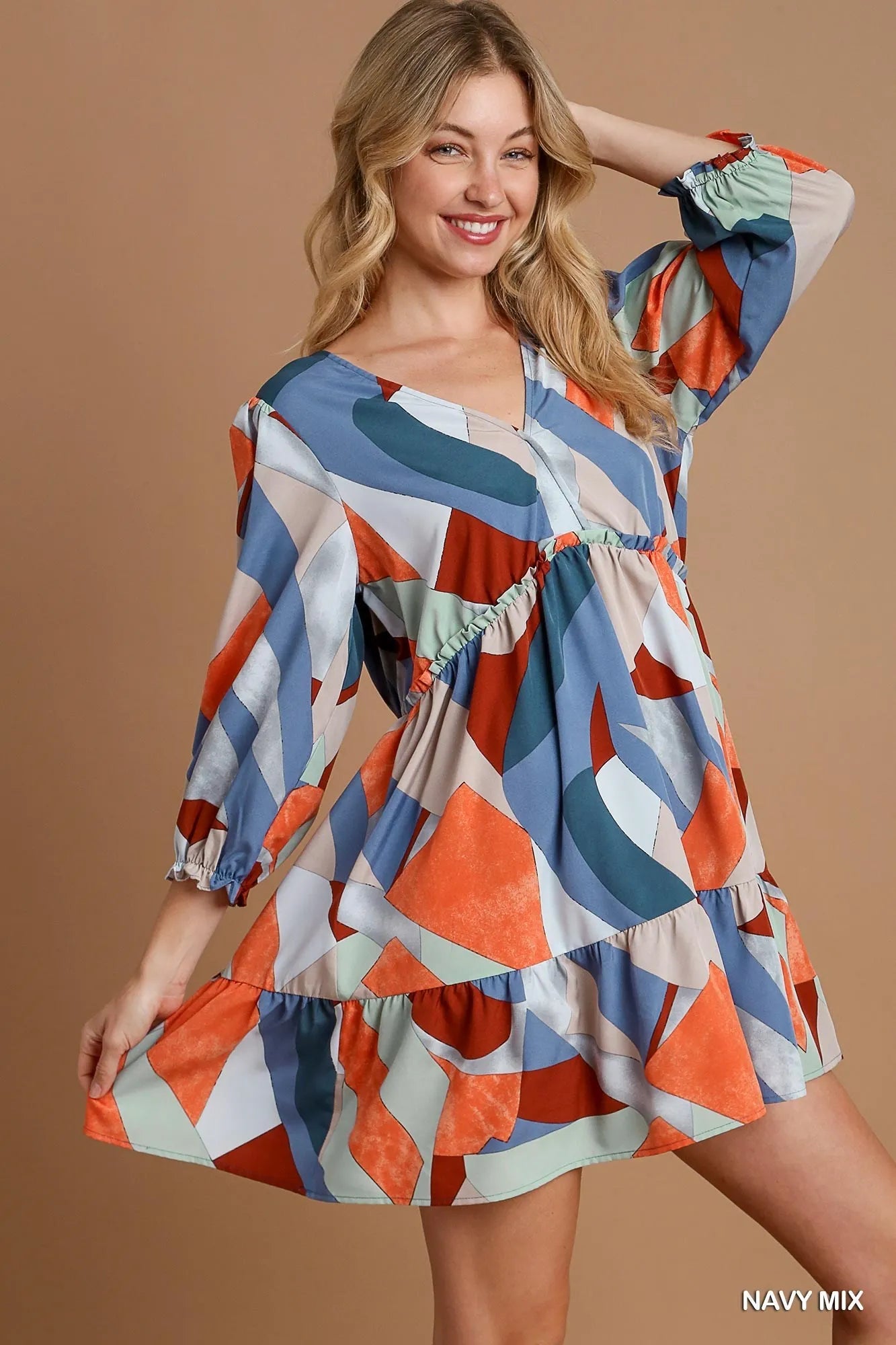 Umgee Abstract V-Neck Tiered Printed Dress - Farnelli