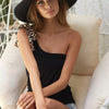 BiBi Rayon Span Knit One Shoulder Top with Leopard Ribbon - BLACK