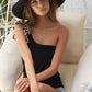 BiBi Rayon Span Knit One Shoulder Top with Leopard Ribbon - Farnelli