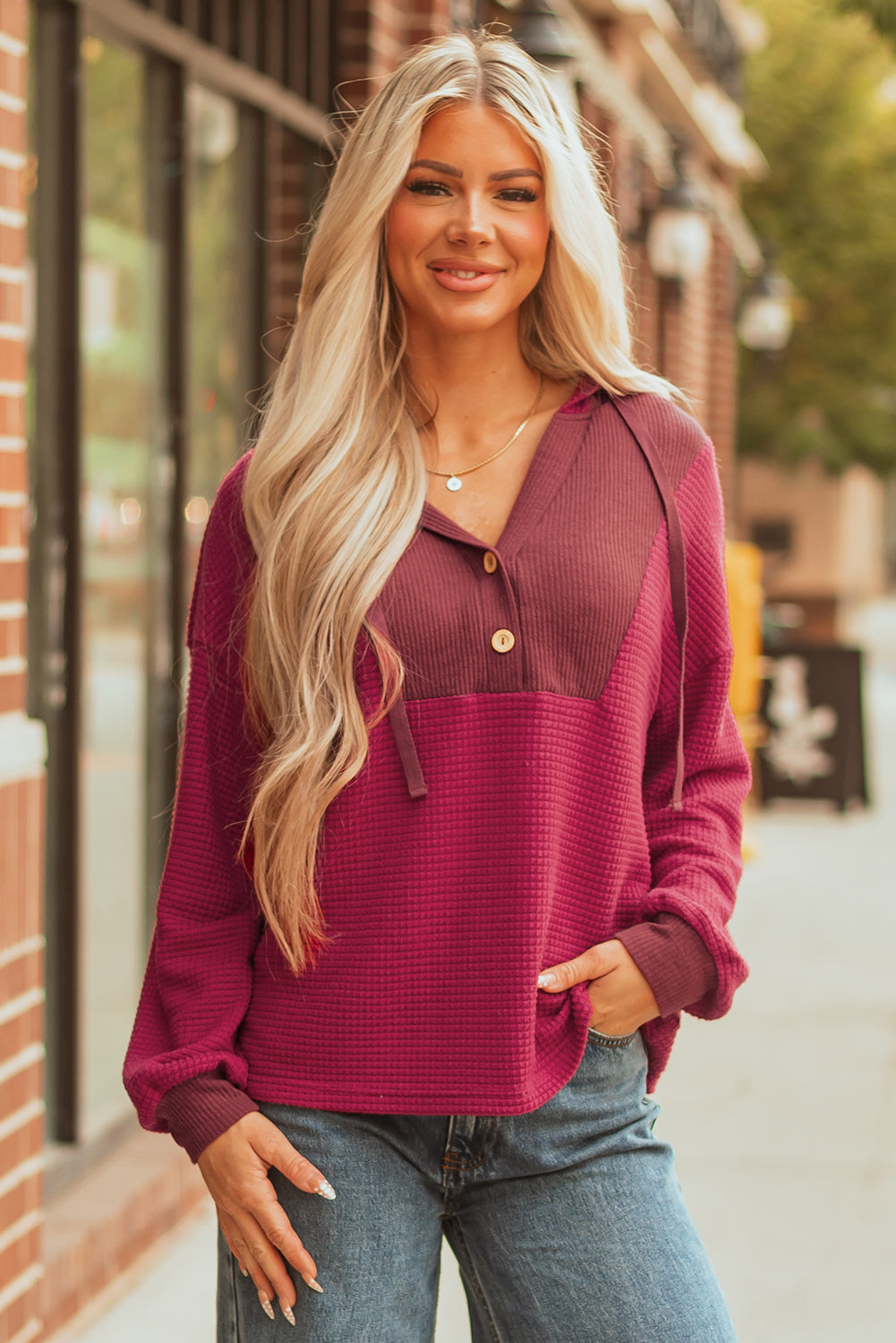 River Waffle Hooded Long Sleeve Top - Farnelli