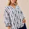 BiBi Bow Ribbon Printed Woven Bubble Sleeves Top - OFF WHITE
