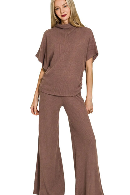 Zenana Sweater Mock Neck Top & Long Pants Set - Farnelli