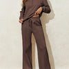 Collared Sweatshirt and High Waist Pants Active Set - Brown