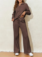 Collared Sweatshirt and High Waist Pants Active Set - Farnelli