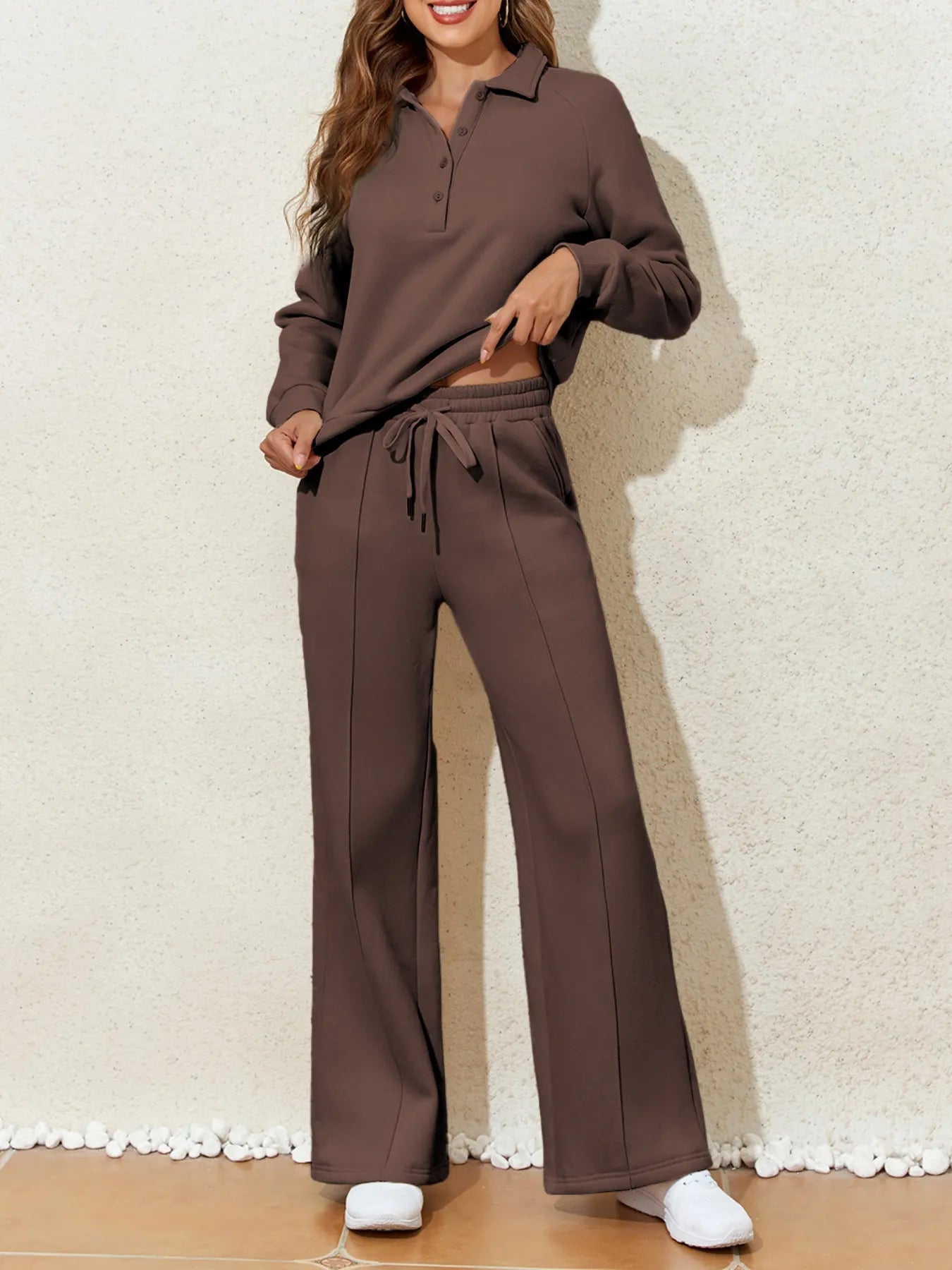 Collared Sweatshirt and High Waist Pants Active Set - Farnelli