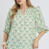 Umgee Ruffled Bow Print Notched Blouse - Green