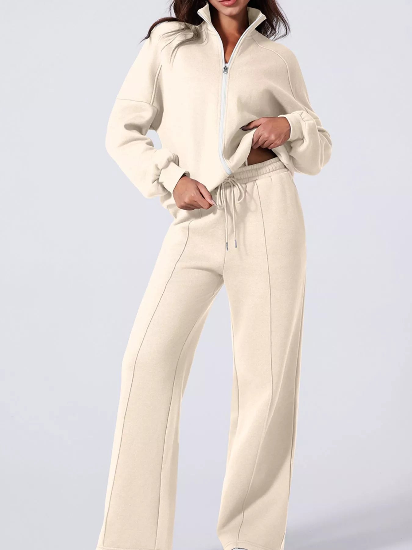 Drop Shoulder Zip Up Jacket and Drawstring Pants Active 2pcs Set - Farnelli