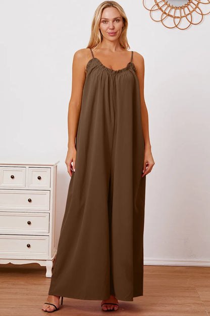 Double Take Full Size Ruffle Trim Tie Back Cami Jumpsuit with Pockets - Farnelli