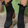 Ruffled Trim Chunky Heel Boots - Black