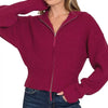Zenana Ribbed Collared Zip Up Sweater Cardigan - CABERNET