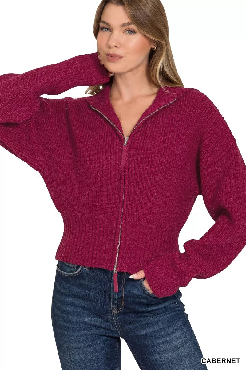 Zenana Ribbed Collared Zip Up Sweater Cardigan - Farnelli