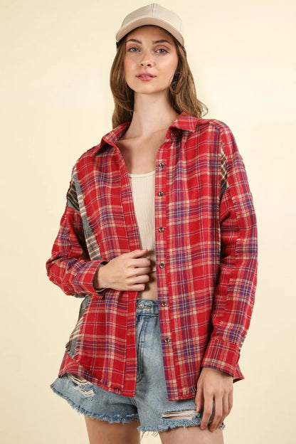 VERY J Contrast Plaid Raw Detail Shirt - Farnelli