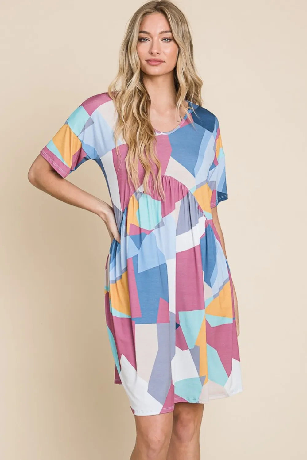 BOMBOM Ruched Color Block Short Sleeve Dress - Farnelli
