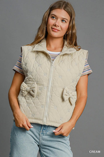 Umgee Sleeveless Quilted Vest with Bow Details - Farnelli