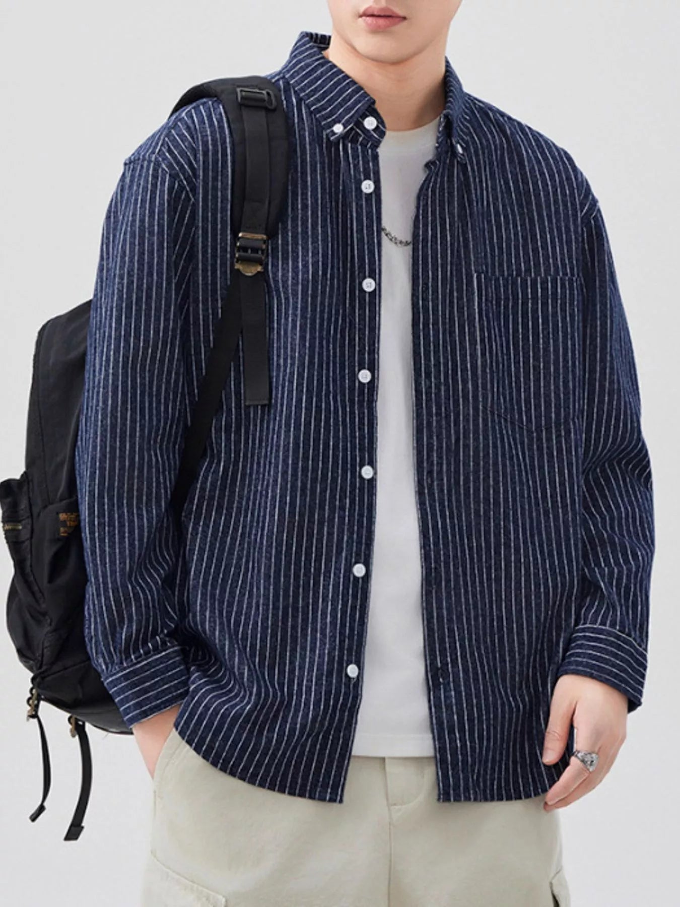 Men's Plus Size Striped Button Up Long Sleeve Shirt - Farnelli