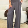 Basic Bae Full Size Smocked Wide Waistband Wide Leg Pants - Dark Gray