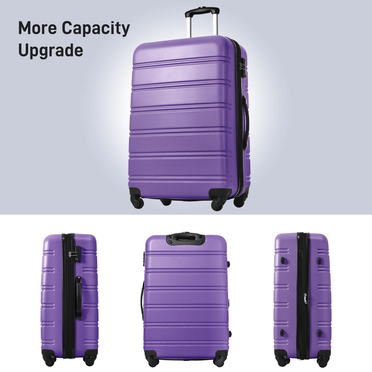 HouseOfZazla 3-piece hardside spinner luggage set in blue, purple, pink, and beige with TSA locks