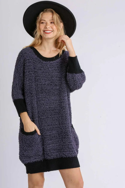 Umgee Full Size Ribbed Hem Round Neck 3/4 Sleeve Sweater Dress with Pockets Plus Size - Farnelli