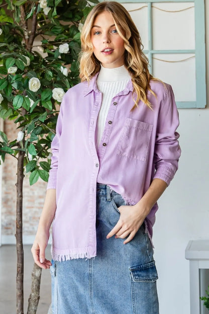 Veveret Raw Hem Button Up Long Sleeve Shirt - Farnelli