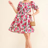 And The Why Smocked Floral Ruffle Short Sleeve Mini Dress - Fuchsia