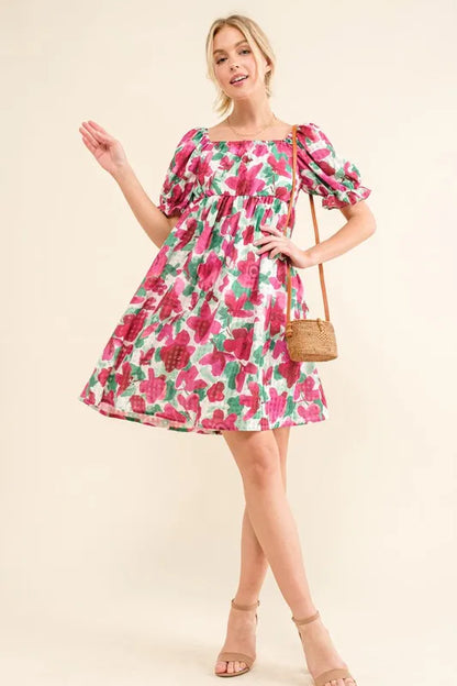 And The Why Smocked Floral Ruffle Short Sleeve Mini Dress - Farnelli